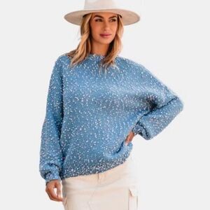 Andree By Unit Womens Blue Pom Pom Knit Sweater Size M